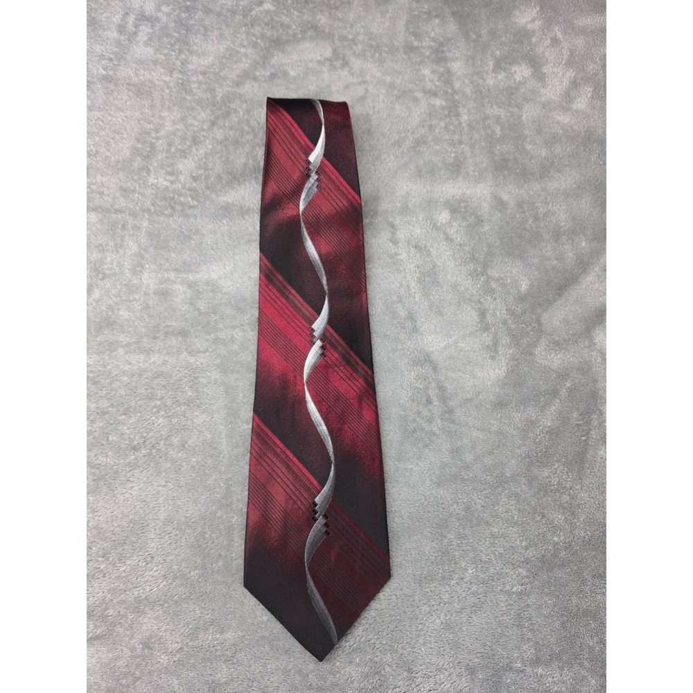 Pierre Cardin Mens Silk Tie Red Burgundy Black Silver Wavy Striped‎ Necktie